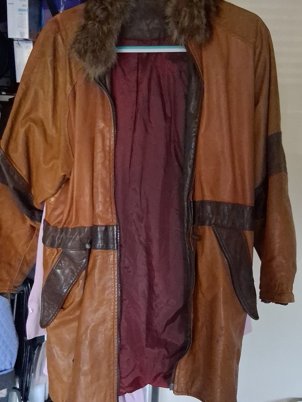 Women's Two-Tone Brown Leather Coat with Fur Collar